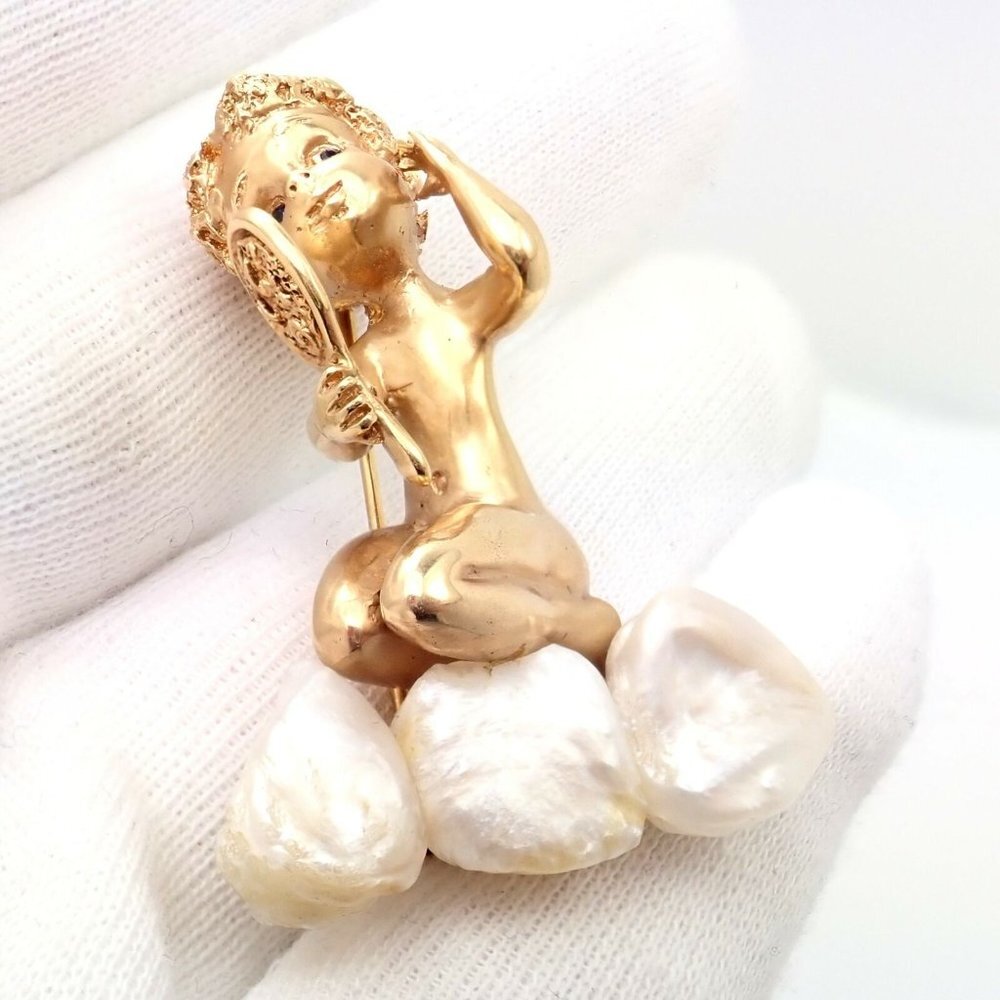 Rare Large Ruser 14k Yellow Gold Sapphire Pearl Mondays Child Pin Brooch - Picture 3 of 11
